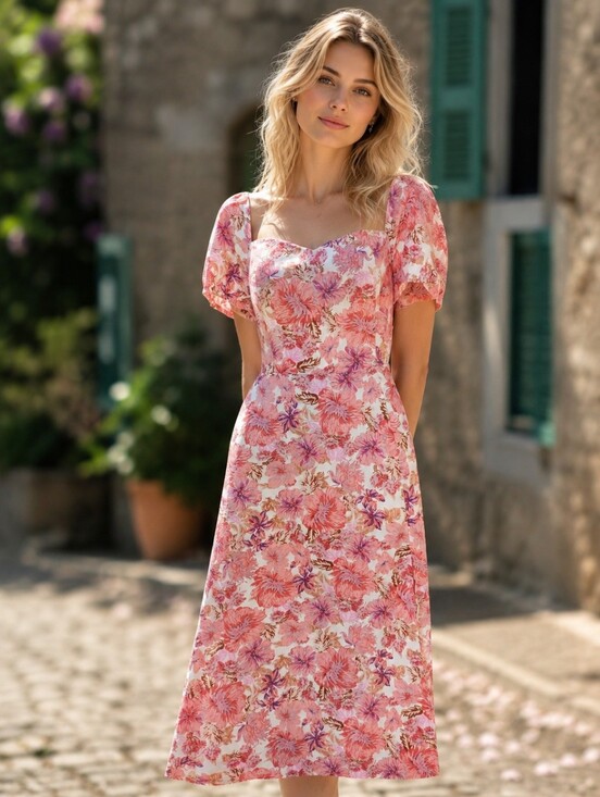 luxedo Dresses & Skirts - Luxedo Romantic Pink Floral Heart-Neck Puff-Sleeve Midi Dress